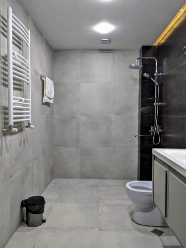a bathroom with a toilet and a sink and a shower at Milky Way in Stepantsminda