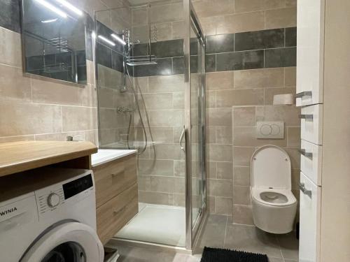 a bathroom with a shower with a toilet and a sink at Au calme proche centre-ville, studio rénové avec équipements neufs et parking privé in Gap