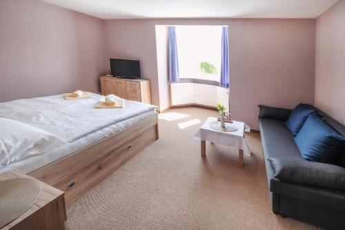 - une chambre avec un lit, un canapé et une fenêtre dans l'établissement Pension Clara, à Karlovy Vary