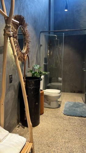 a bathroom with a toilet and a sink and a mirror at CASA PATRICIA in Oaxaca City
