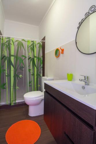 a bathroom with a sink and a toilet and a mirror at D Wan Guest House in Peniche