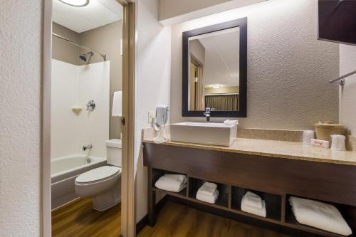 a bathroom with a sink and a toilet and a mirror at Red Roof Inn PLUS+ Nashville Airport in Nashville