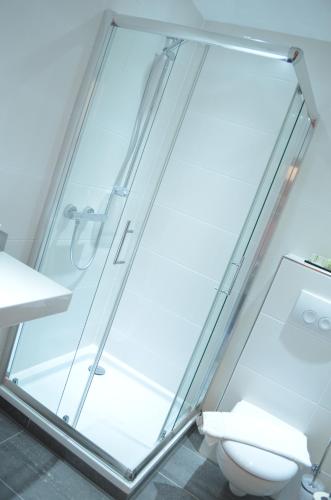 a glass shower in a bathroom with a toilet at Altes Zollhaus in Rinteln
