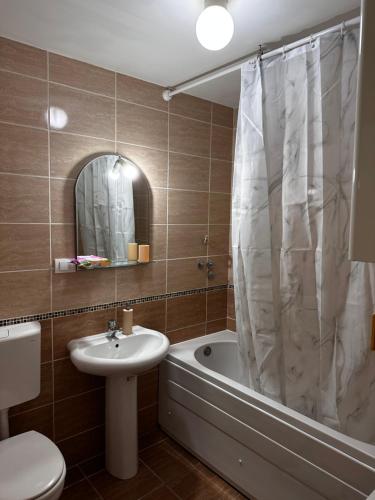 a bathroom with a sink and a tub and a toilet at Apartman San in Ruma