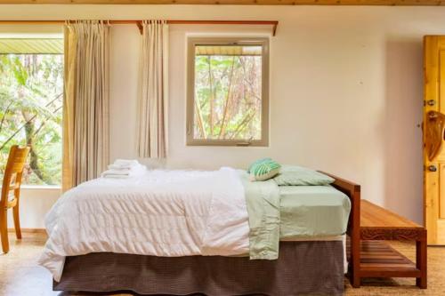 a bedroom with a large bed with a window at Kilauea iki- Hale Kumu La'au in Volcano