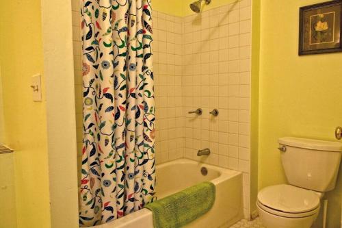 een badkamer met een toilet en een douchegordijn bij Historic Clarkdale apartment #104 in Clarkdale