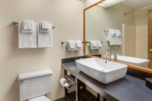 a bathroom with a sink and a toilet and a mirror at Quality Inn & Suites Fillmore I-15 in Fillmore