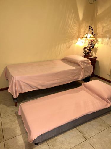 two beds in a room with pink sheets and a lamp at Departamento Céntrico in Goya
