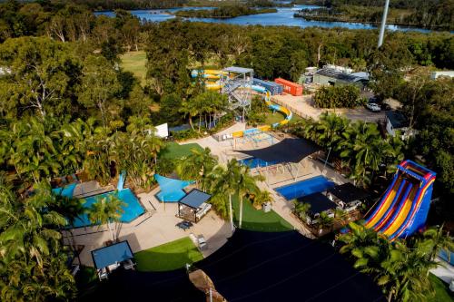 an aerial view of a water park with a slides at Solitary Islands Resort in Wooli