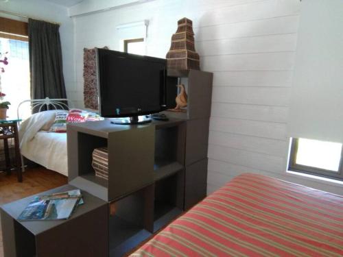 1 dormitorio con TV en un soporte con cama en Cabaña Loft Campo y Mar Rocas de Santo Domingo, en Santo Domingo