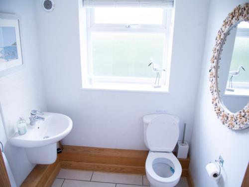 a bathroom with a toilet and a sink and a window at 2 Princes Cottages in Plymouth