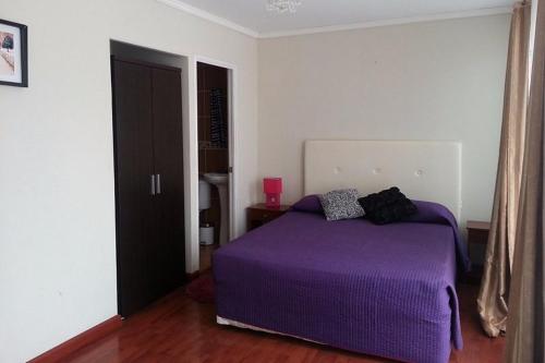 a bedroom with a purple bed in a room at Andina Hostel in Iquique