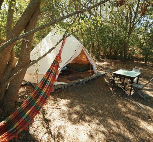 a tent with a hammock next to a table at Colorado Glamping in Montevideo