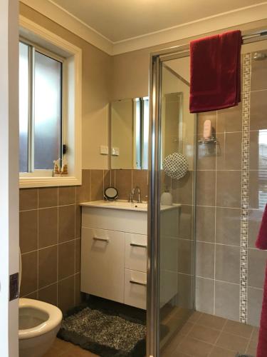 a bathroom with a shower and a toilet and a sink at The Red Letterbox in Blackheath