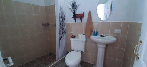 een badkamer met een toilet en een wastafel bij Casa Zoila Hospedaje frente al lago Lakefront lodging in Flores