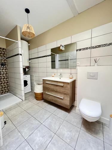 La salle de bains est pourvue de toilettes et d'un lavabo. dans l'établissement Appartement Cosy, à La Châtre