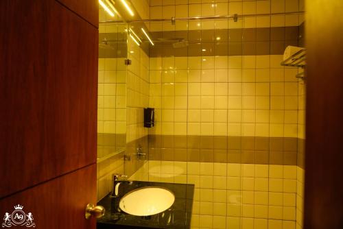a bathroom with a sink and a tiled wall at Hotel A9 Barnala in Barnāla