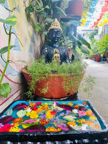 a statue of a buddha in a flower pot at Yog Hostel- Rooftop Yoga & Backpacker Social Stay in Thamel, Kathamndu in Kathmandu
