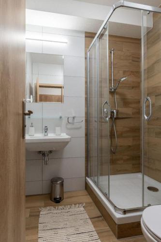 a bathroom with a shower and a toilet and a sink at Apartmán Mirka in Liptovský Ján