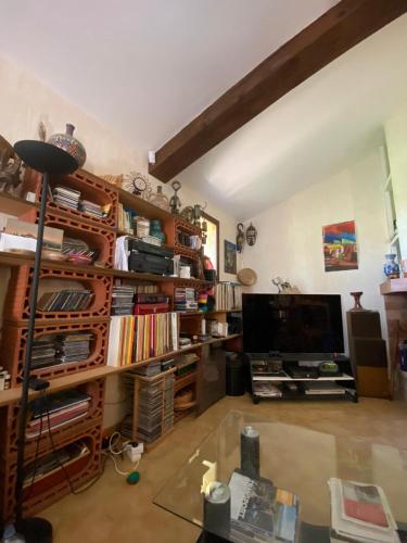 un salon avec une télévision et des étagères dans l'établissement Belle maison de campagne, à Chaffaut-Lagremuse