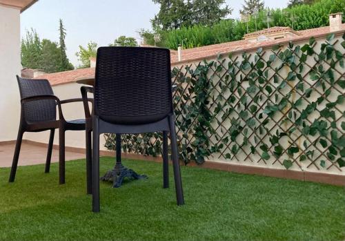 two chairs sitting on the grass in front of a fence at Hotel Tharsis in Cazorla