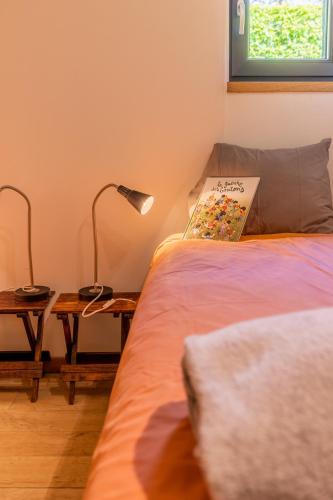 a bedroom with a bed and a lamp on a table at Gîte Bed & Bedot in Fauvillers
