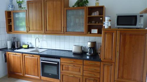 eine Küche mit Holzschränken und einer schwarzen Arbeitsplatte in der Unterkunft Apartment am Kunsthaus Nordhausen, 1 OG in Nordhausen