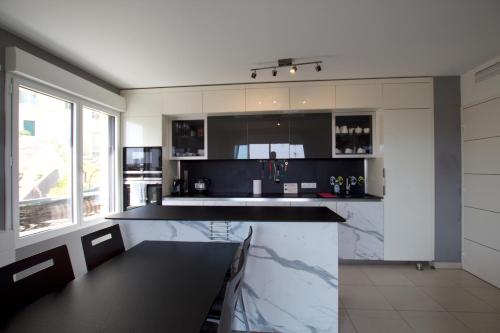 - une cuisine avec des comptoirs en marbre noir et blanc dans l'établissement Krystal Palace B, à Beausoleil