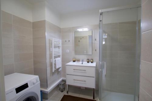 une salle de bain avec douche et lavabo et une machine à laver dans l'établissement Krystal Palace B, à Beausoleil
