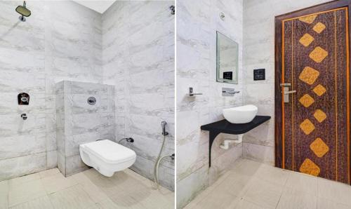 馬圖拉的住宿－The Great Anjali Mahal，浴室设有卫生间和淋浴,两幅图片