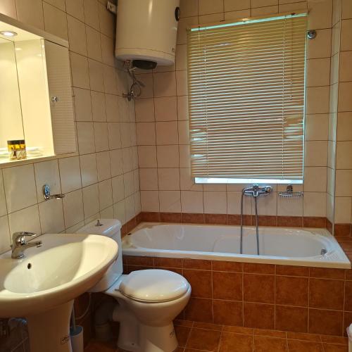 a bathroom with a tub and a toilet and a sink at Anilio Rooms in Anilio