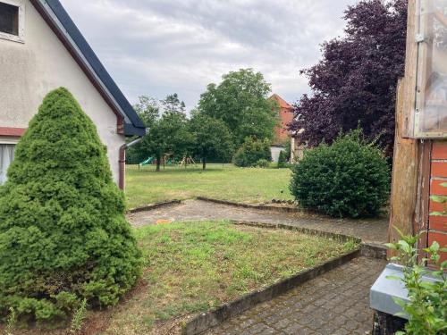 a yard with a bush next to a house at Ferienhaus Katharina 