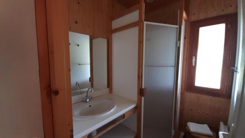 a bathroom with a sink and a mirror at Gites dans La Prairie in Junhac