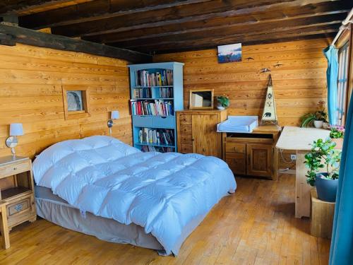 Belle maison chaleureuse, lumineuse dans la nature في Eygliers: غرفة نوم مع سرير ومكتب ورف كتاب