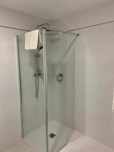 a shower with a glass door in a bathroom at EL SOL ANDALUZ - CASA GOYA in Carboneras