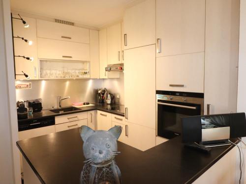 une cuisine avec un ours en peluche assis au-dessus d'un comptoir dans l'établissement Appartement T2 de 60m² à Annecy-le-Vieux, grande terrasse aménagée, proche lac et commerces - FR-1-432-74, à Annecy