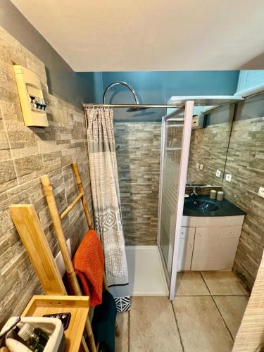 uma casa de banho com um chuveiro e um lavatório. em Domaine Feuillet em Chanas