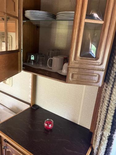 una pequeña cocina con un tazón rojo en una encimera en KAMP-PRIKOLICA en Donji Štoj