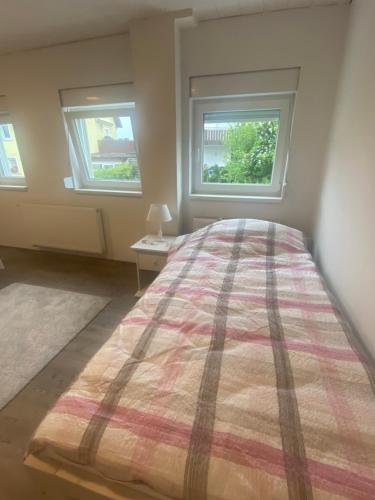 a bedroom with a large bed and two windows at Colmdorf 14a Ferienhaus in Bayreuth