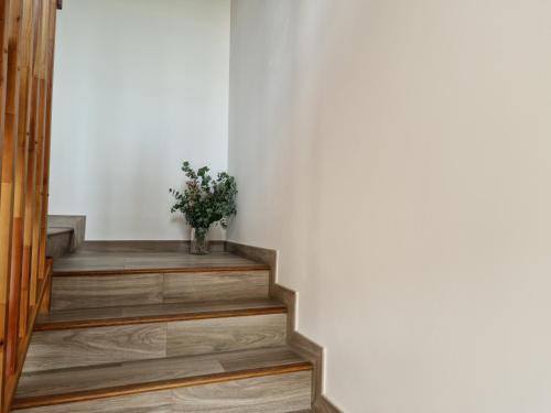 a stairway with a vase of flowers on it at Apartamentos Villa de Panes - La Milera in Panes