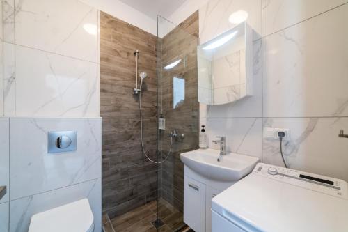 a bathroom with a shower and a toilet and a sink at Nefeli & Nefeli Luxury Residential Complexes in Ofrínion