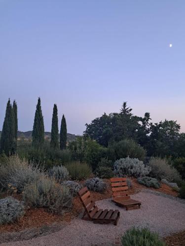 two wooden benches in a garden with bushes and trees at Casale Terre Rosse in Saturnia