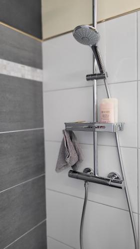 a shower shelf in a bathroom with a shower at Kalinao - Bungalow chic en nature in Les Abymes