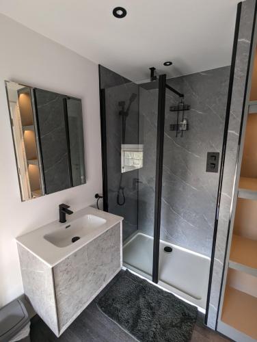 a bathroom with a sink and a shower at The Wolfe Inn Wolfscastle in Haverfordwest