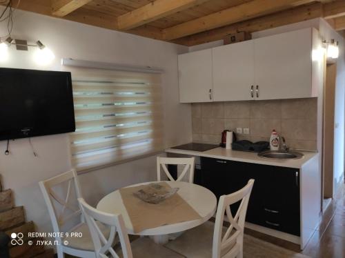 Zaovine的住宿－BRVNARA MILA，厨房里设有带桌椅的小厨房