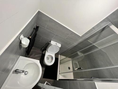 ein kleines Bad mit einem Waschbecken und einem WC in der Unterkunft Ensuite Room Selly Oak - Milner Road in Birmingham