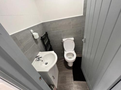 a small bathroom with a toilet and a sink at Ensuite Room Selly Oak - Milner Road in Birmingham