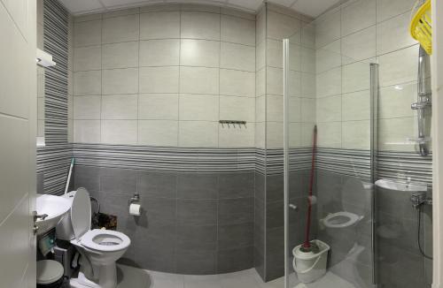 a bathroom with two toilets and a glass shower at Adam's Apartment 2 in Kladovo