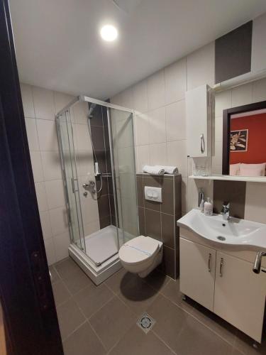 a bathroom with a shower and a toilet and a sink at Motel MS in Srpski Itebej