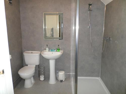 a bathroom with a toilet and a sink and a shower at The Camberley in Harrogate
